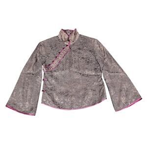 Hideyosh silk Asian shirt womens szM gray dragon design traditional red interior